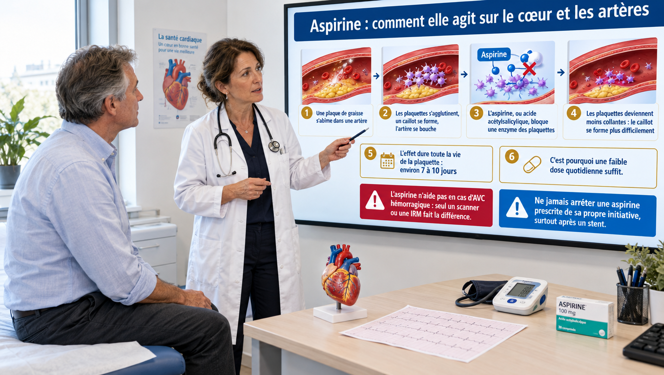 Plaque qui se fissure, plaquettes qui s'agglutinent, caillot : comment une faible dose d'aspirine bloque l'enzyme plaquettaire pendant 7 à 10 jours et pourquoi la dose quotidienne suffit.