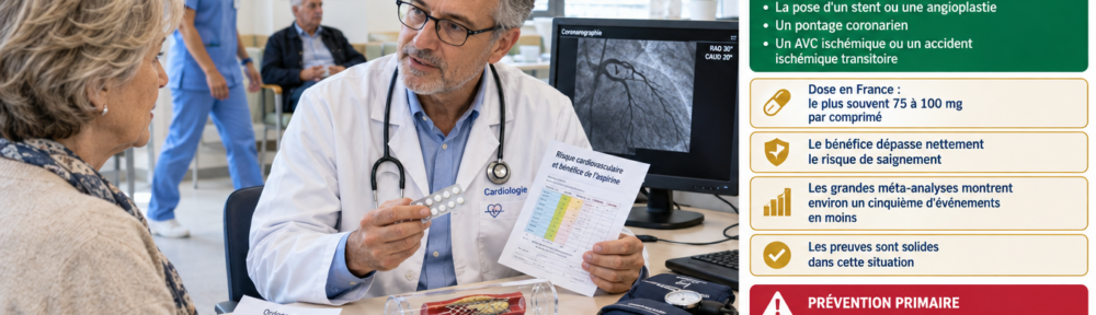 Patiente réelle d'environ 62 ans, ayant fait un infarctus, assise dans un fauteuil de consultation, tenant son ordonnance et écoutant un cardiologue français réel d'environ 55 ans, en blouse blanche, qui tient une plaquette d'aspirine à faible dose et une fiche de risque imprimée ; sur le bureau, modèle de stent dans un tube transparent, cliché de coronarographie à l'écran, brassard de tensiomètre et pilulier ; en arrière-plan, une infirmière réelle d'environ 40 ans en tenue de soins et un second patient, homme d'environ 68 ans, sur une chaise.