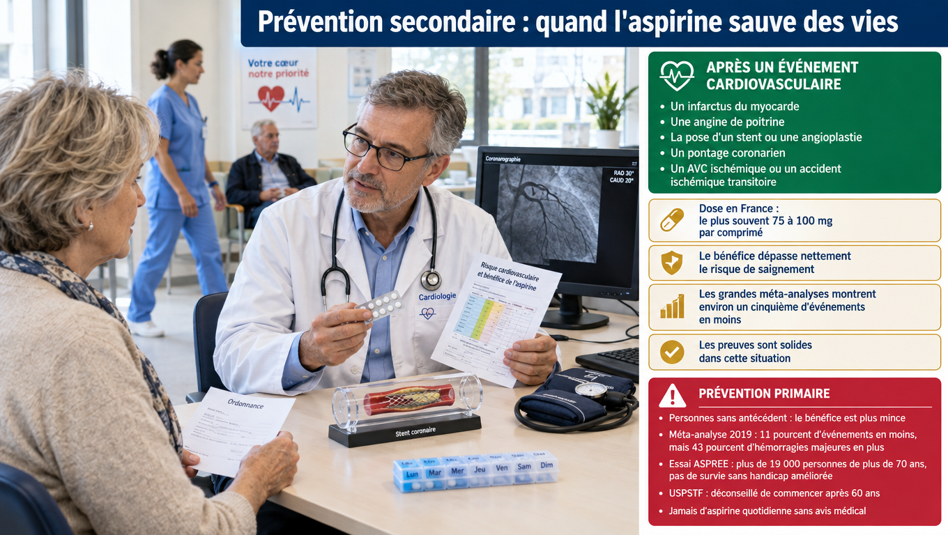 Après un infarctus, un stent ou un AVC ischémique : environ 20 % d'événements en moins à 75-100 mg. Sans antécédent : 11 % de bénéfice contre 43 % d'hémorragies en plus — donc jamais sans avis médical.
