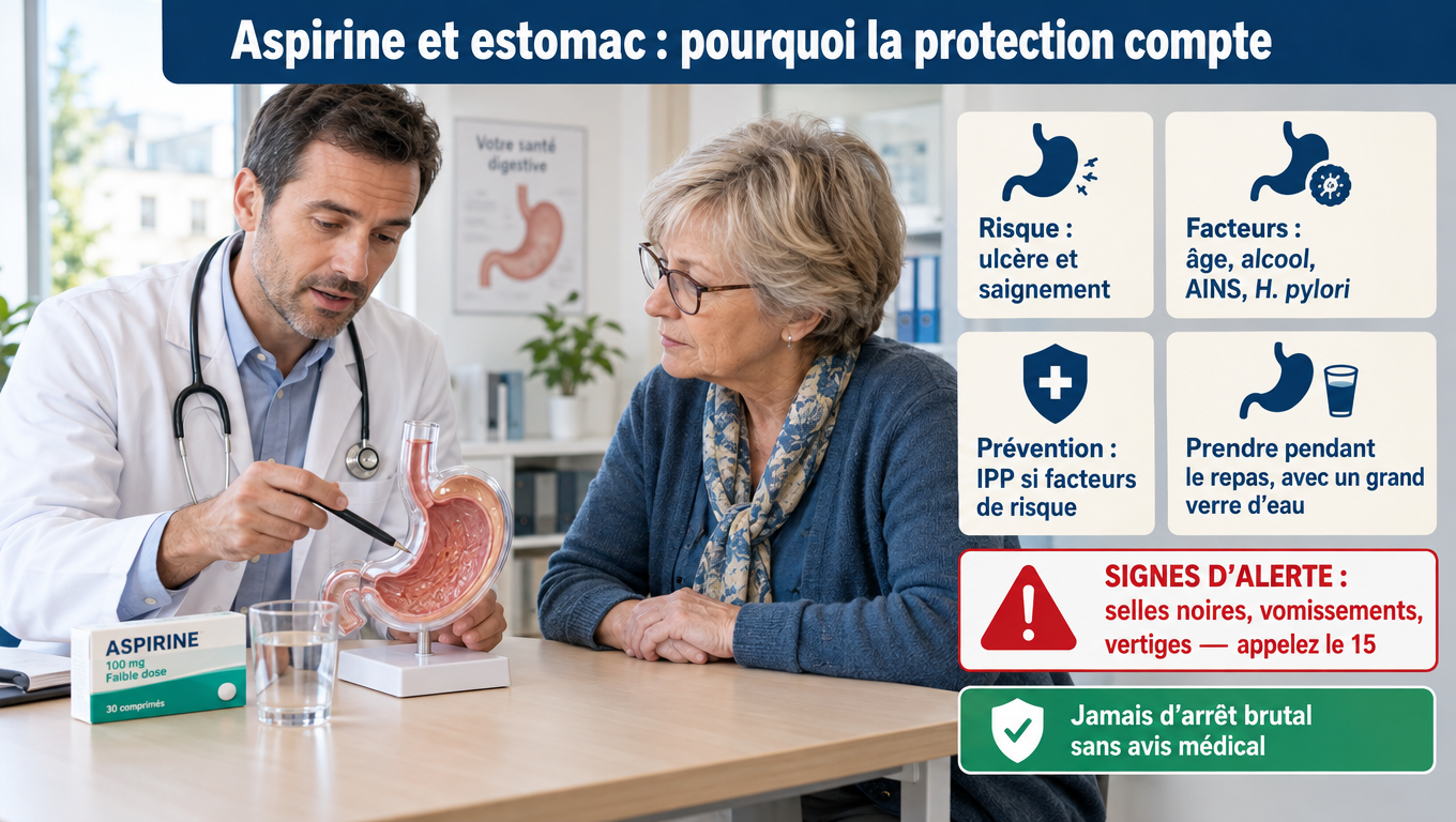« Aspirine : risque d'ulcère ×2 à 3, gastroprotection par IPP, prise au repas et signes d'hémorragie digestive à reconnaître. »