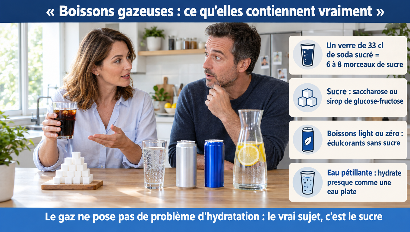 « Sodas sucrés, light, eaux pétillantes, énergisantes : un verre de 33 cl de soda sucré équivaut à 6 à 8 morceaux de sucre, mais le gaz n'empêche pas l'hydratation. »