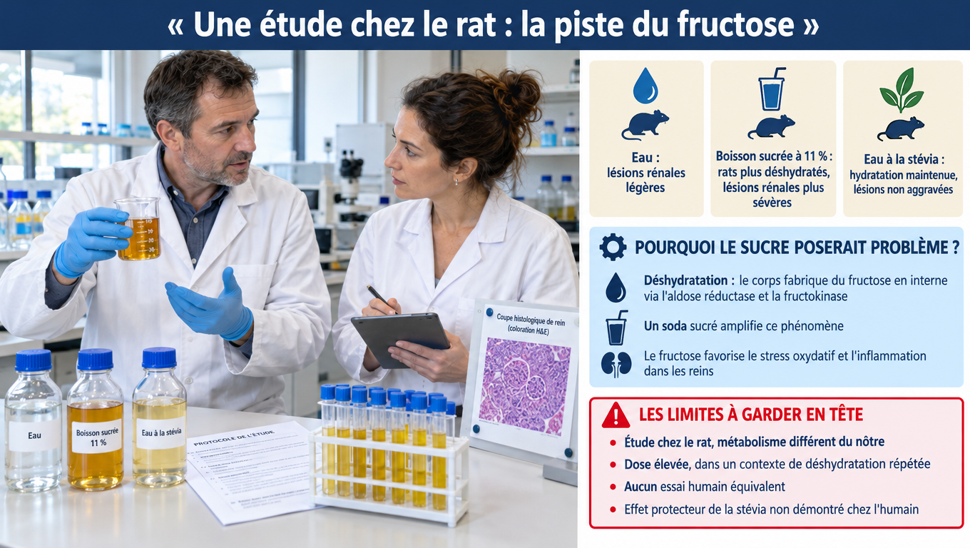 « Étude animale : les rats réhydratés au soda sucré restent plus déshydratés et présentent plus de lésions rénales — piste du fructose, mais limites méthodologiques majeures. »