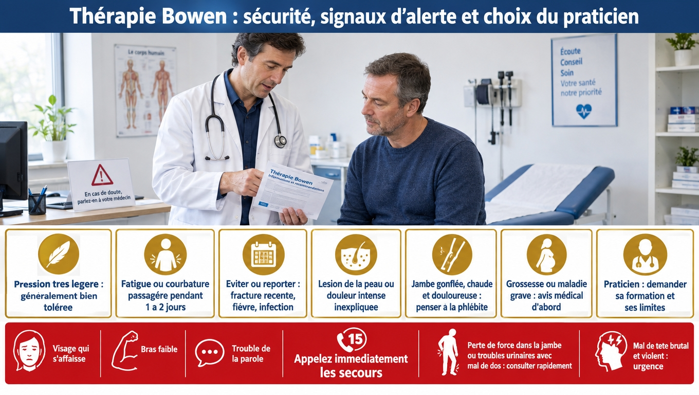 Bowen : pression très légère, généralement bien tolérée — reporter en cas de fracture, fièvre, infection ou douleur inexpliquée ; signes d'AVC = urgence. Choisir un praticien qui reconnaît ses limites.