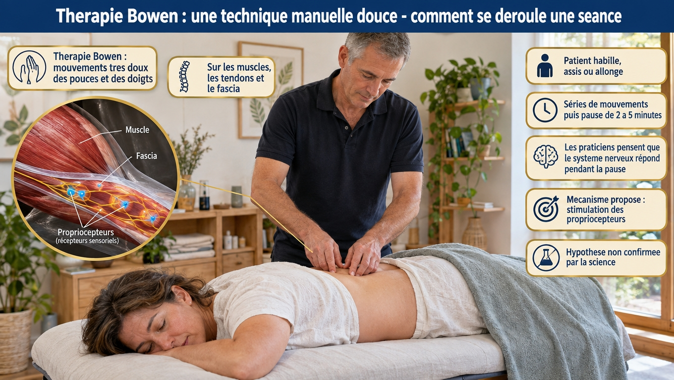 Technique Bowen : micromouvements des pouces sur muscles, tendons et fascia, patient habillé, pauses de 2 à 5 min — un mécanisme proprioceptif proposé, mais non confirmé par la science.