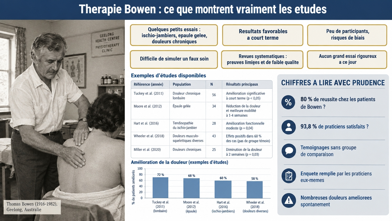 Bowen (Thomas Bowen, 1916‑1982, Geelong) : petits essais favorables à court terme mais biaisés, preuves limitées — les taux de 80 % et 93,8 % sont des témoignages sans groupe témoin.