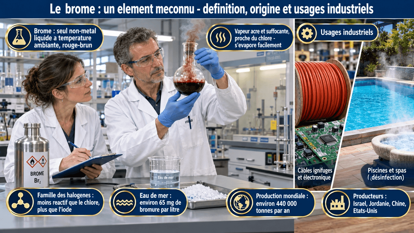 « Brome : seul non‑métal liquide à température ambiante, rouge‑brun. 65 mg/L dans l'eau de mer, 440 000 t/an de production mondiale (Israël, Jordanie, Chine). 40‑50 % utilisés comme retardateurs de flamme, plus fluides de forage et désinfection des piscines. »