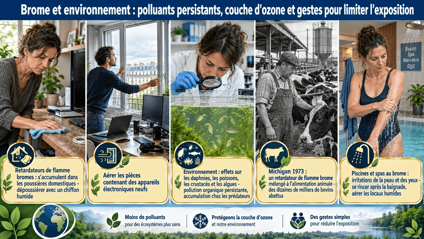 « PBDE : POP réglementés (Convention de Stockholm), perturbateurs thyroïdiens, troubles neurodéveloppementaux. Environnement : daphnies, poissons, algues, bioamplification. Brome : 45‑60× plus destructeur d'ozone que le chlore. Michigan 1973 : 30 000 bovins abattus. Pour limiter : chiffon humide, aération, étiquettes. »