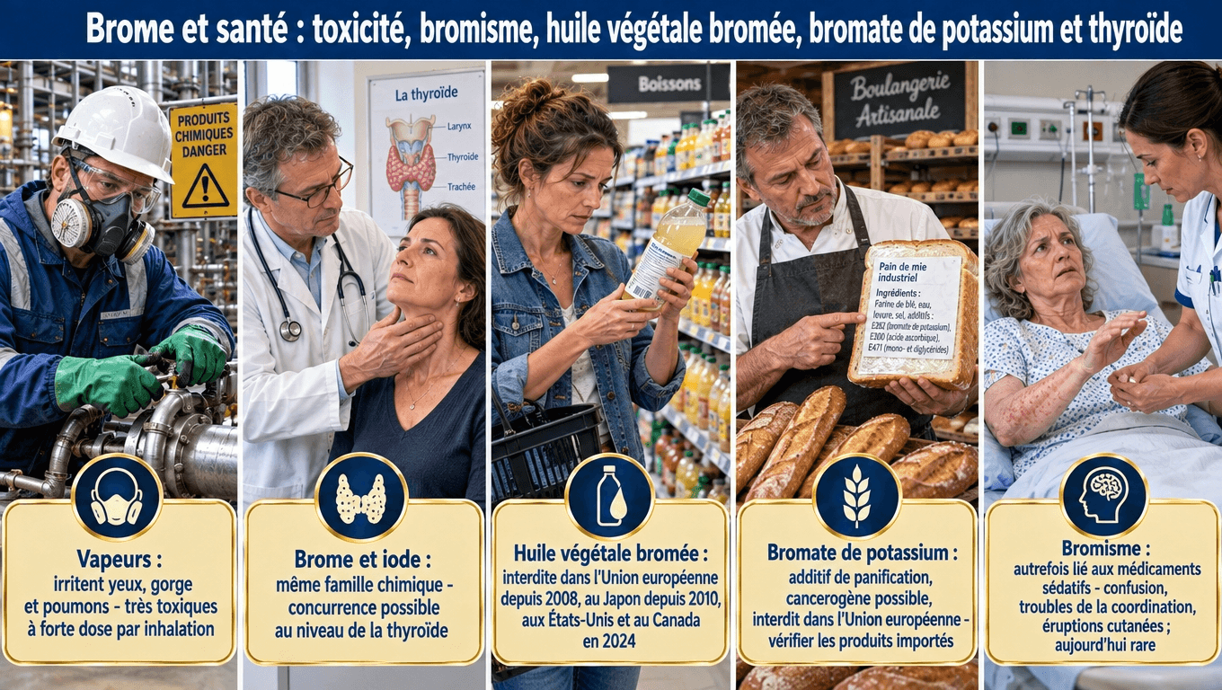 « Vapeurs irritantes (VLEP 0,1 ppm), dibromoéthane cancérogène 2A, bromure de méthyle neurotoxique. Bromisme : confusion, ataxie, bromodermie — aujourd'hui rare. Huile végétale bromée interdite UE 2008, USA/Canada 2024 ; bromate de potassium cancérogène possible 2B. Brome/iode : concurrence thyroïdienne, jamais de fortes doses d'iode sans avis médical. »