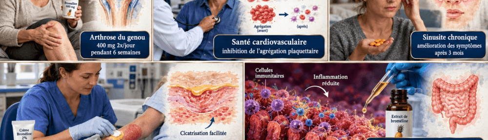 Infographie éditoriale médicale à 5 panneaux. Panneau 1 (haut-gauche) : femme de 65 ans assise sur une chaise, massant son genou, flacon blanc « Broméline 400 mg 2×/jour » en main, aquarelle d'une articulation du genou avec cartilage usé. Panneau 2 (haut-centre) : homme de 58 ans en consultation cardiologique avec stéthoscope, aquarelle de globules rouges et plaquettes avec flèches d'agrégation réduite. Panneau 3 (haut-droite) : femme de 35 ans avec bandage compressif des sinus, comprimés orange de broméline à la main. Panneau 4 (bas-gauche) : infirmière appliquant une crème topique jaune de broméline sur l'avant-bras du patient pour une brûlure du 2ᵉ degré, compresses stériles. Panneau 5 (bas-droite) : vue microscope de cellules intestinales inflammatoires de rat, pipette d'extrait de broméline. Badges dorés : « Anti-inflammatoire naturel », « Analgésique validé », « Asthme — études en cours », « Cancer — recherches préliminaires en laboratoire UNIQUEMENT ».