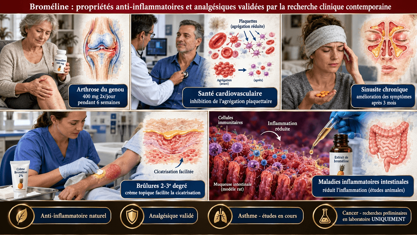 « Arthrose : -1 à -1,5 pt EVA en 6–12 sem ; cardiovasculaire : inhibition plaquettaire 30–40 % in vitro ; sinusite: 85 % d'amélioration à 600 mg/jour pendant 3 mois ; brûlures : débridement rapide. La recherche clinique avance — sans en faire un traitement miracle du cancer. »
