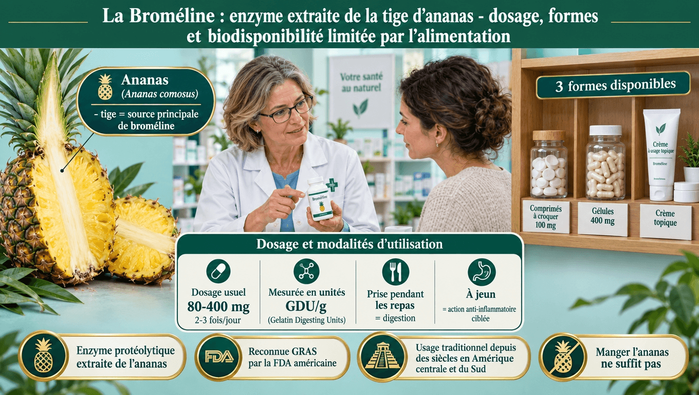 « Broméline = enzyme protéolytique extraite de la tige d'ananas, certifiée GRAS par la FDA, activité 1 200–2 400 GDU/g. Dosage oral 80–400 mg 2–3 ×/jour ; manger l'ananas entier ne permet PAS d'atteindre la dose thérapeutique. »