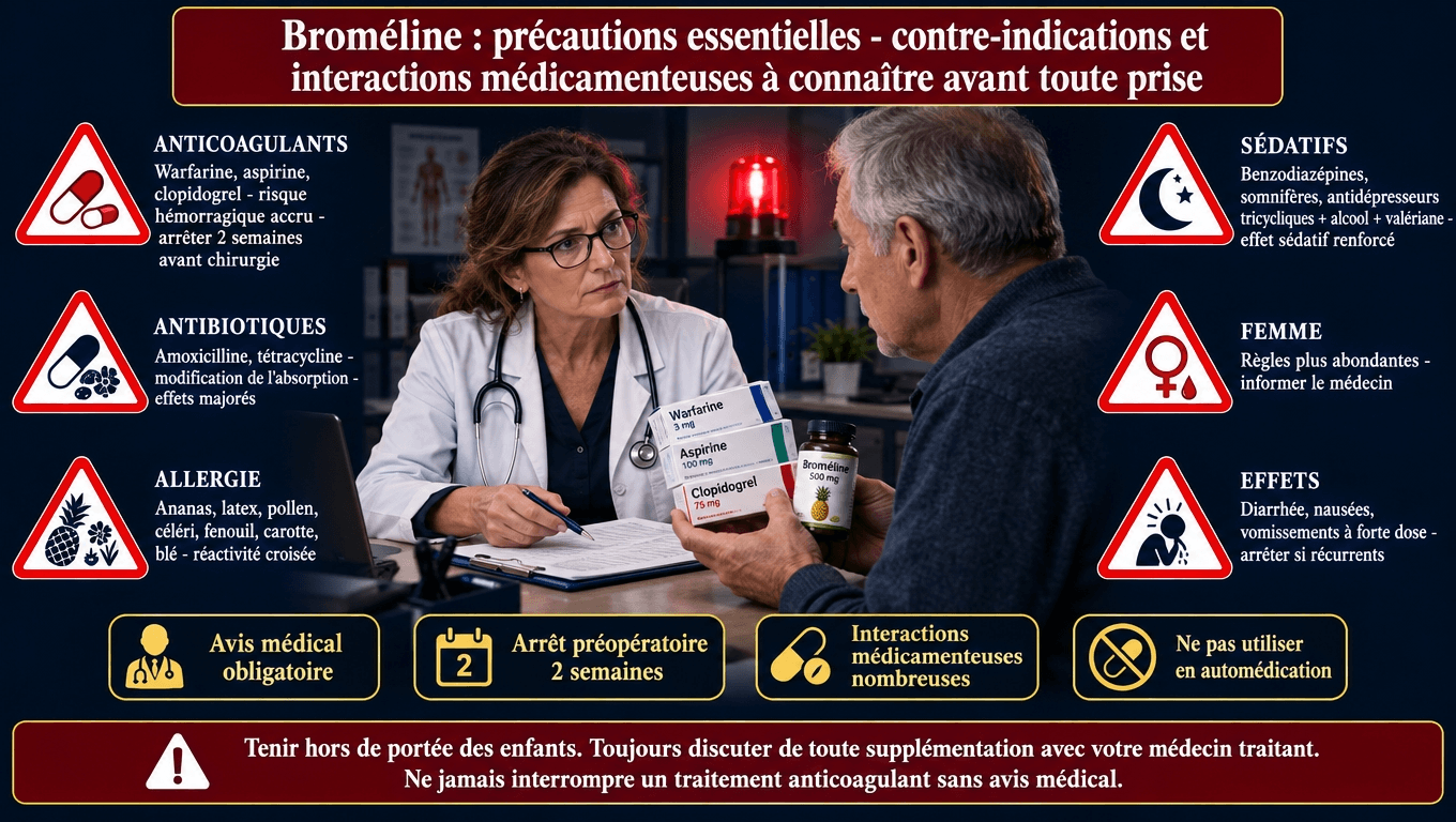 « Broméline + anticoagulants = risque hémorragique accru (INR +15 à 25 % avec warfarine). Allergies croisées latex/ananas/pollen/céleri. Arrêt 2 semaines avant chirurgie. Toujours consulter son médecin traitant avant supplémentation. »