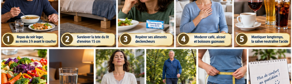 Collage de cinq scènes réalistes : un homme d'environ 48 ans prenant un dîner léger trois heures avant le coucher, une chambre dont la tête de lit est surélevée d'une quinzaine de centimètres, une femme mâchant lentement un chewing‑gum sans sucre, une femme faisant une respiration calme de cohérence cardiaque, un homme marchant une heure après le repas.