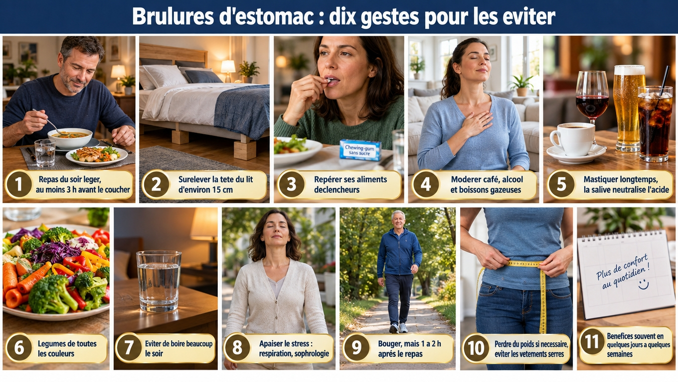 Dix gestes simples contre les brûlures d'estomac : dîner léger 3 h avant le coucher, lit incliné à 15 cm, mastication prolongée, gestion du stress et marche à distance des repas.