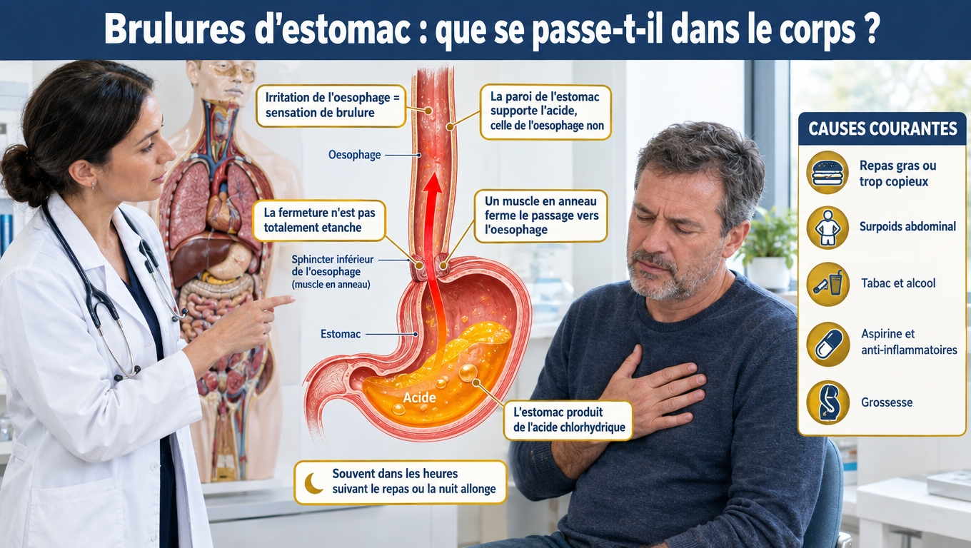 Acide chlorhydrique, sphincter œsophagien inférieur non totalement étanche et œsophage sensible : voici pourquoi la brûlure remonte, surtout après un repas copieux ou allongé.