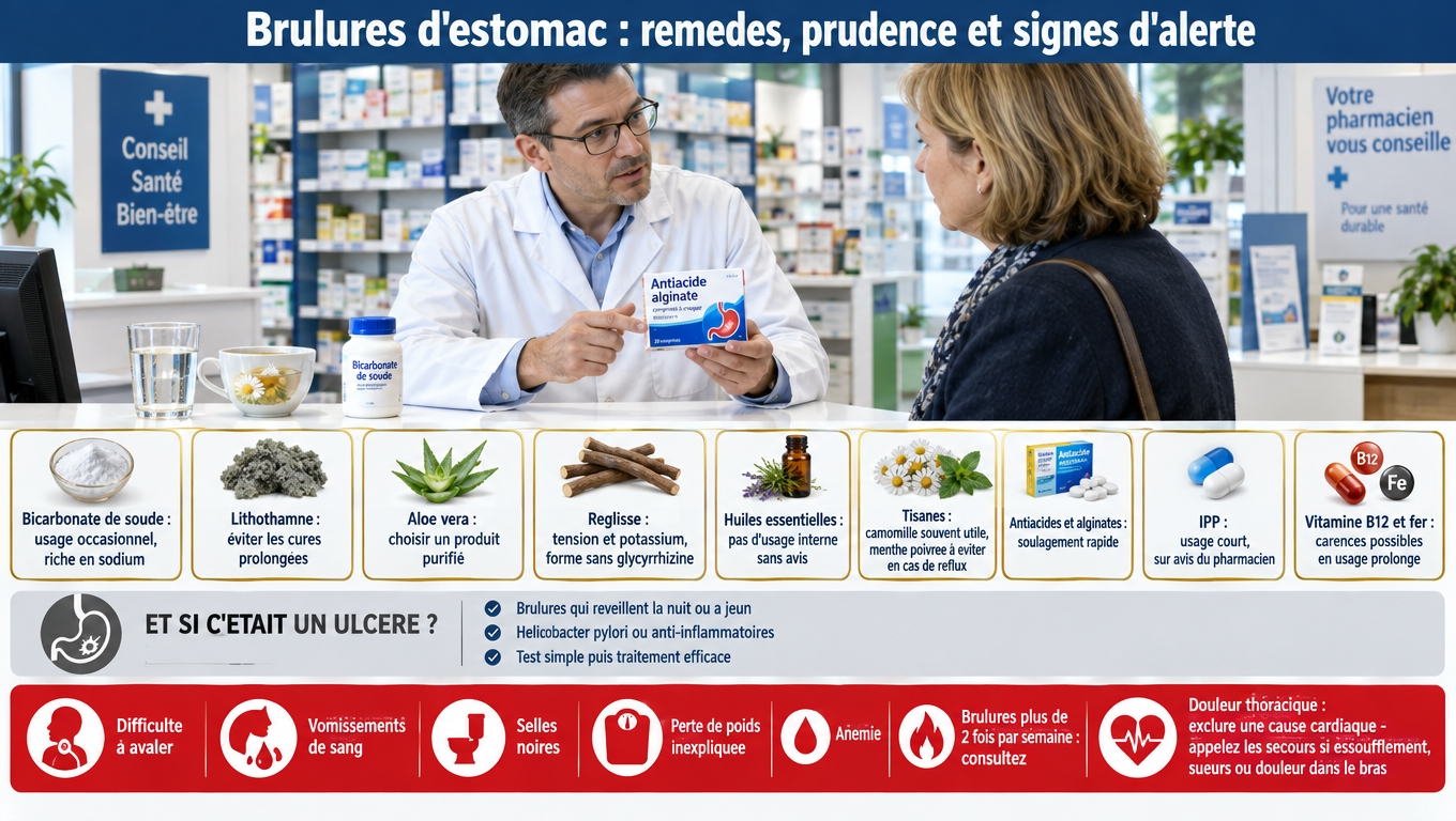 Bicarbonate, lithothamne, aloé, réglisse et huiles essentielles : ce qui soulage ponctuellement et ce qui exige un avis. Signaux d'alerte et douleur thoracique = urgence.