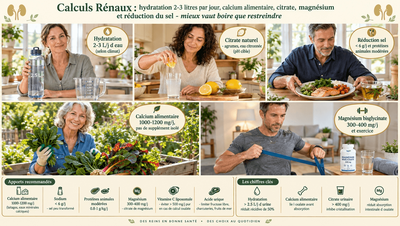 Boire 2,5 L+, calcium alimentaire (et non en comprimés), citron, citrate de magnésium, sel < 6 g, protéines modérées : la prévention sur quatre leviers que confirme la recherche.