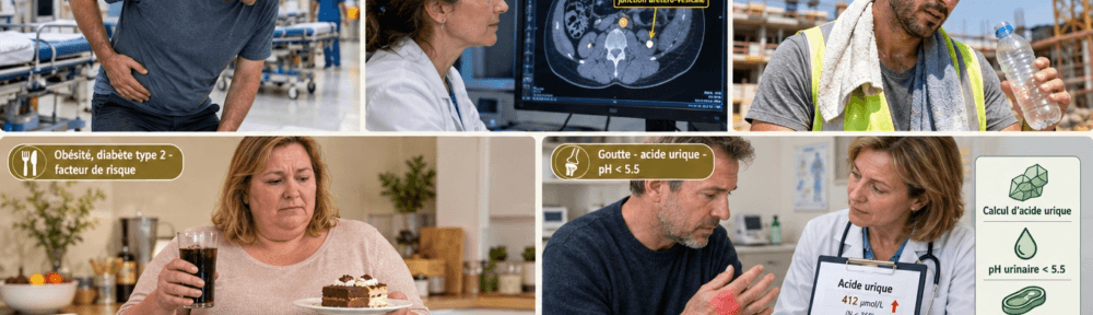 Cinq photographies documentaires : un homme de 45 ans aux urgences plié en deux par la colique néphrétique ; une radiologue de 50 ans en blouse blanche commentant un scanner abdominal montrant un calcul de 8 mm ; un homme de 35 ans déshydraté travaillant sous le soleil d'été ; une femme de 55 ans présentant facteurs de risque (obésité, diabète) avec un plateau repas ; un homme de 48 ans reçu en consultation pour gouttes, prescription d'analyse d'acide urique ; cartouches éditoriaux : « Colique néphrétique : urgence », « Scanner abdomino-pelvien sans injection – référence », « Transpiration abondante = urine concentrée », « Obésité, diabète type 2 – facteur de risque », « Goutte – calculs d'acide urique ».