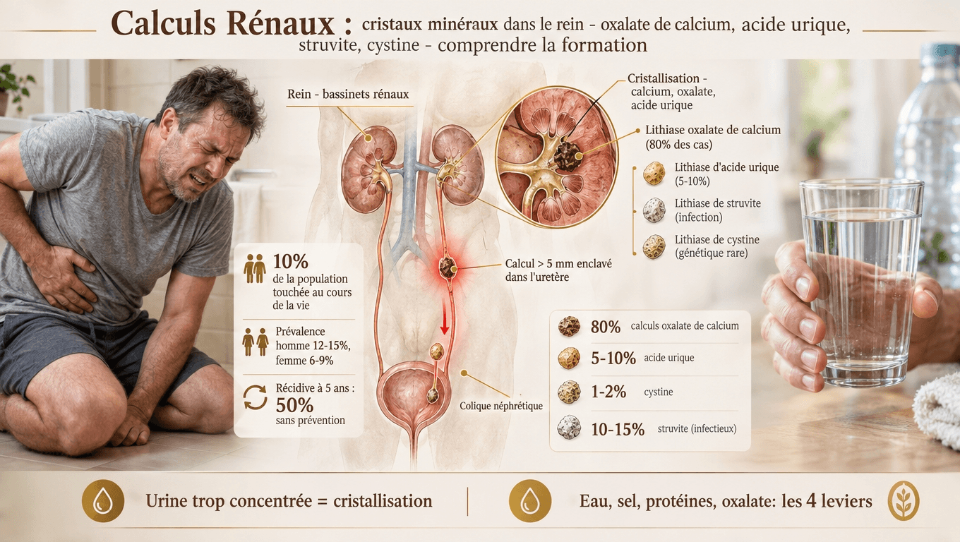 10 % de la population, 80 % de calculs oxalate de calcium ; boisson trop faible, excès de sel et protéines animales favorisent la cristallisation ; prévention sur quatre leviers.
