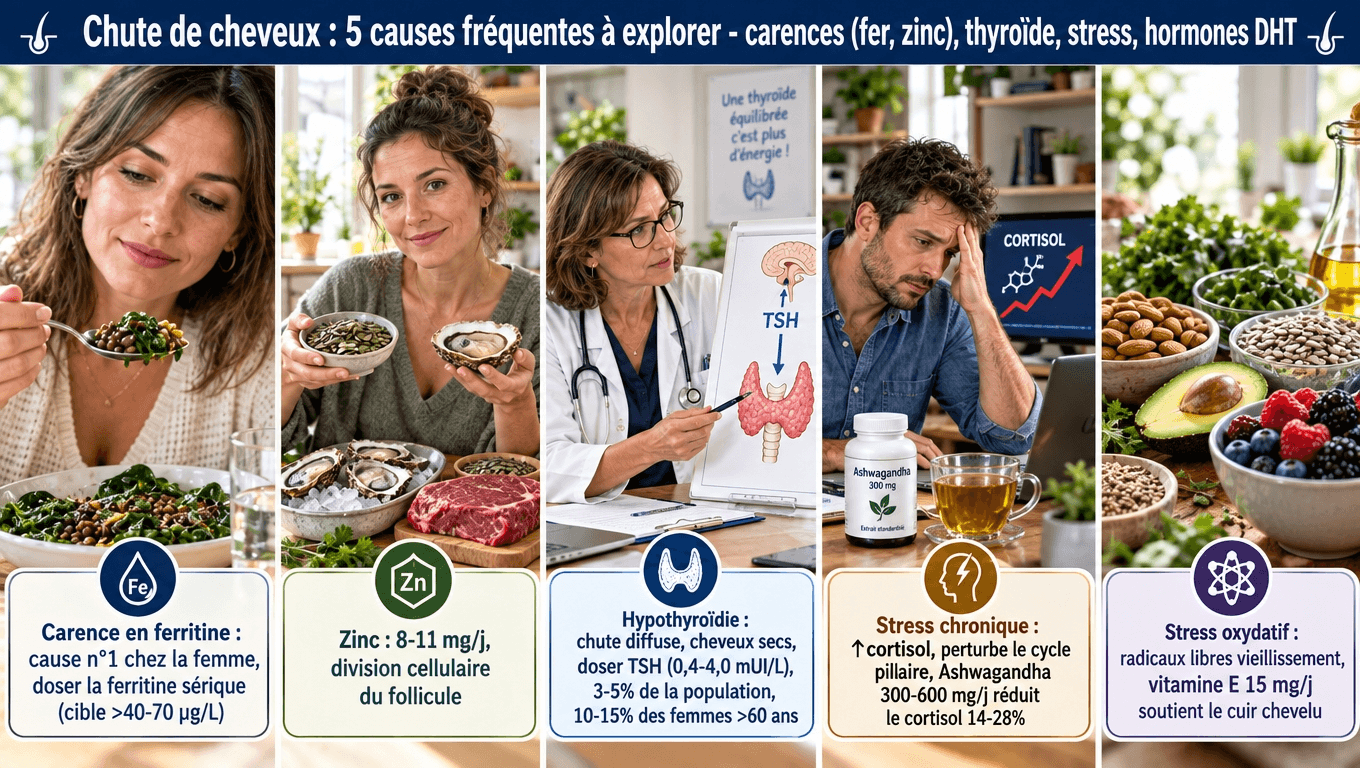 « Ferritine < 40 µg/L, zinc < 70 µg/dL, TSH élevée, cortisol chronique, DHT excessive : 5 cibles biologiques mesurables pour freiner la chute diffuse avant d'agir. »
