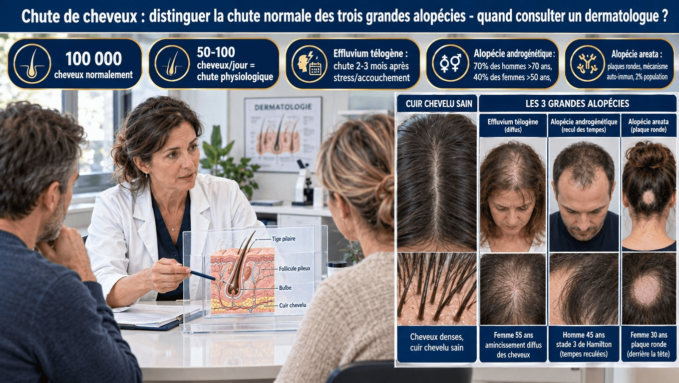 « 100 000 cheveux, 50‑100/j de chute normale ; alopécie androgénétique 70 % des hommes, effluvium télogène après stress/accouchement, areata auto‑immun : identifier avant d'agir. »