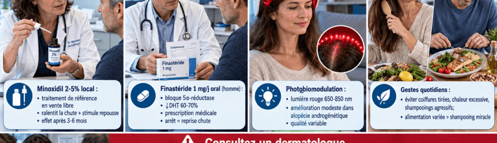 Salle de consultation dermatologique française, lumière tamisée bleutée. Volet 1 : dermatologue française (48 ans) montrant à un homme de 45 ans le flacon de minoxidil topique 5 % et son applicateur, mode d'emploi « 1 mL matin et soir » ; badge « Minoxidil 2‑5 % local (hommes et femmes) : traitement de référence en vente libre, ralentit la chute + stimule repousse, effet visible après 3‑6 mois, arrêt = reprise de la chute ». Volet 2 : médecin généraliste prescrivant finastéride 1 mg/j à un homme de 50 ans avec boîter scellé ; badge « Finastéride 1 mg/j oral (homme uniquement) : bloque la 5α‑réductase de type II, ↓DHT sérique de 60‑70 %, prescription médicale, effets sexuels 4‑6 % (dysérection, baisse libido), arrêt = reprise chute en 6‑12 mois ». Volet 3 : femme de 35 ans utilisant un casque LED rouge de photobiomodulation à domicile, lumière rouge 650‑850 nm visible sur le cuir chevelu ; badge « Photobiomodulation : lumière rouge 650‑850 nm, amélioration modeste (densité + 10‑20 %) mais réelle dans l'alopécie androgénétique, qualité des appareils variable, séances 10‑25 min 3×/semaine ». Volet 4 : couple français (femme 38 ans, homme 40 ans) montrant des gestes capillaires bienveillants — brossage doux, alimentation méditerranéenne (poisson, légumes verts, noix du Brésil, huile d'olive) ; badge « Gestes quotidiens : éviter coiffures tirées (alopécie de traction), chaleur du sèche‑cheveux > 180 °C, shampooings agressifs (Sodium Lauryl Sulfate) ; alimentation variée >> shampoing miracle ». Volet 5 (bandeau d'alerte rouge en bas) : pictogrammes d'alerte : chute > 3 mois, plaques rondes, démangeaisons, rougeurs, douleurs cuir chevelu, début brutal chez jeune patient — badge central « Consultez un dermatologue rapidement ».