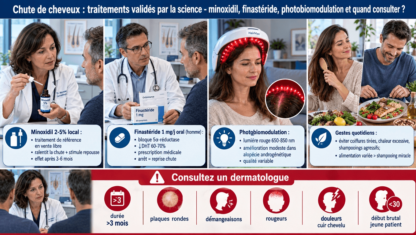 « Minoxidil 5 % local + finastéride 1 mg/j (homme) + photobiomodulation LED 650‑850 nm : les 3 piliers scientifiques de l'alopécie androgénétique. > 3 mois, plaques, prurit → dermatologue. »