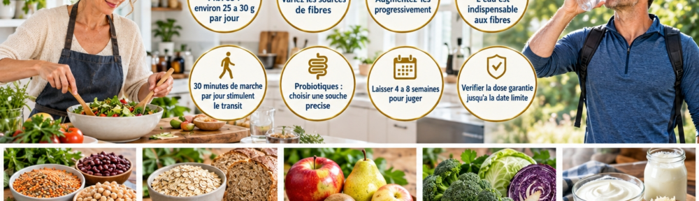 Femme d'environ 38 ans préparant dans une cuisine lumineuse un repas riche en fibres (lentilles, flocons d'avoine, fruits entiers, brocoli, yaourt nature) ; à droite, homme d'environ 42 ans en tenue de sport buvant un verre d'eau après une marche ; cinq panneaux alimentaires en bas de l'image.
