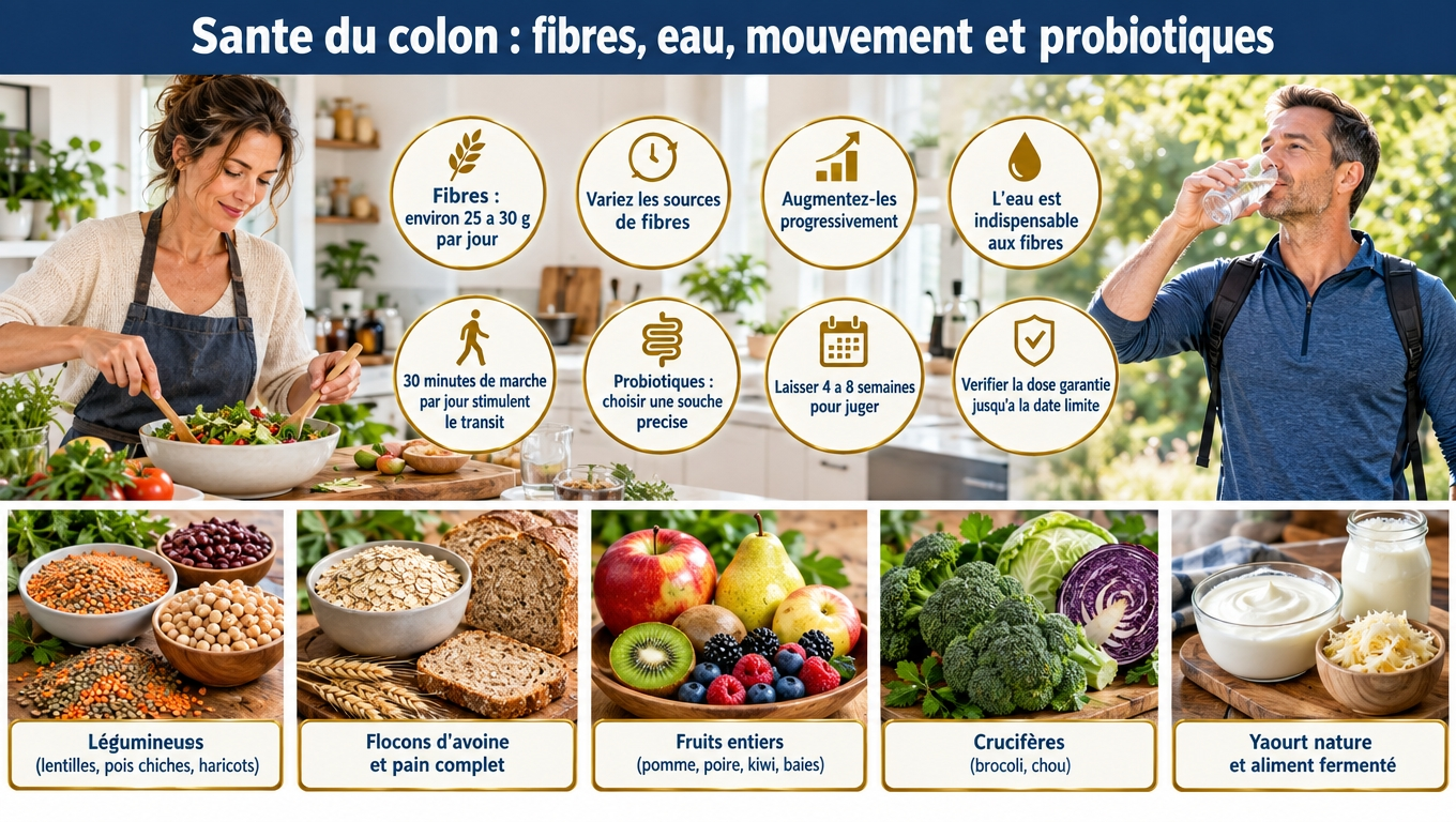 25 à 30 g de fibres par jour, de l'eau, 30 min de marche et un probiotique choisi par souche : les gestes dont l'efficacité sur le côlon est documentée.