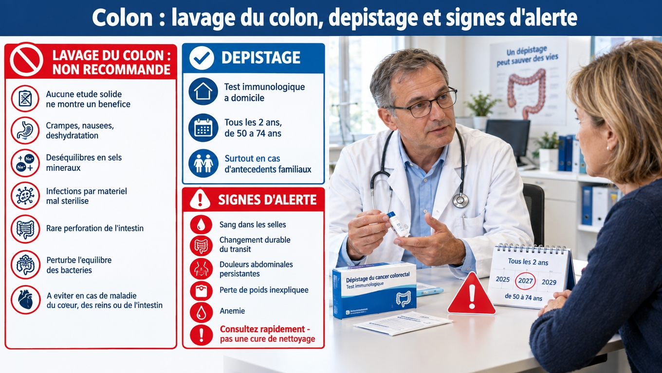Lavage du côlon : aucun bénéfice démontré, des risques réels (perforation, déséquilibres, infections). Le vrai soin : le dépistage par test immunologique tous les 2 ans de 50 à 74 ans.