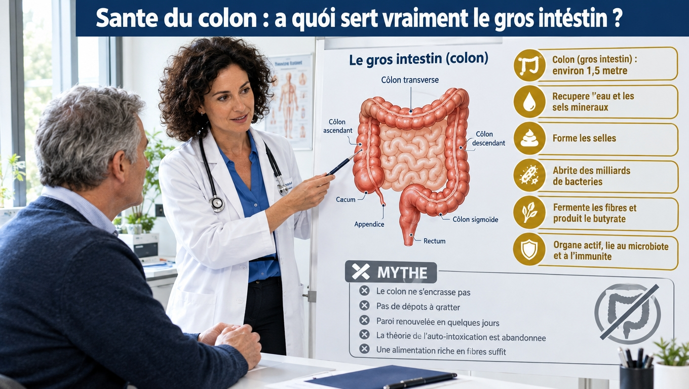 Le côlon (≈ 1,5 m) récupère l'eau, forme les selles et héberge des milliards de bactéries — le mythe du côlon « encrassé » et de l'auto‑intoxication est abandonné par la médecine.