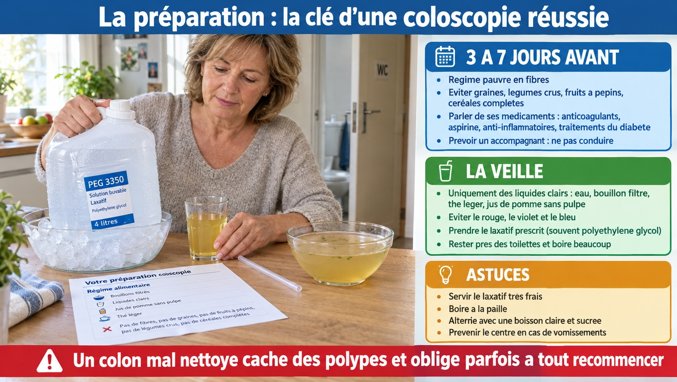 Régime pauvre en fibres, liquides clairs, laxatif au polyéthylène glycol et accompagnant : la check-list complète pour une préparation réussie.