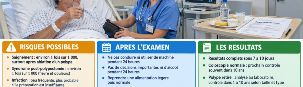Infirmière réelle d'environ 40 ans en tenue de bloc prenant la tension d'une patiente réelle d'environ 65 ans allongée en salle de réveil, avec plateau de collation légère ; encadrés français présentant les taux de complications, les consignes des 24 heures, les délais de résultats et les signes d'alerte.
