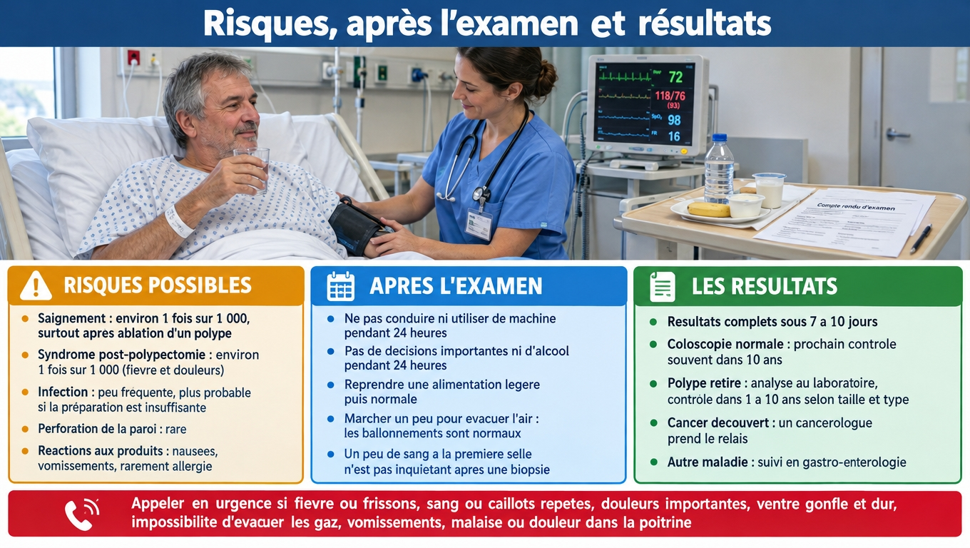 Complication rare (saignement et syndrome post-polypectomie ~1/1 000), 24 heures sans conduire, résultats en 7 à 10 jours et fréquence de surveillance selon le polype.