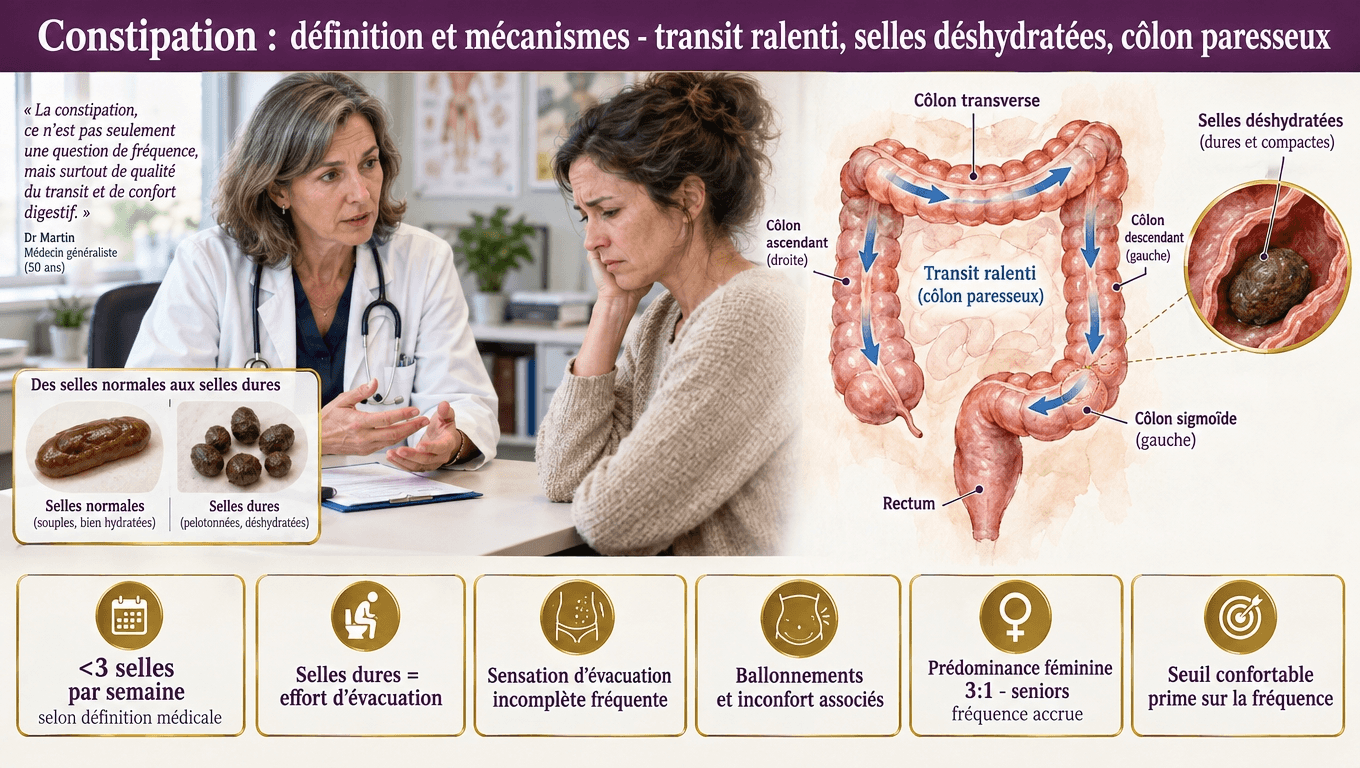 « Constipation fonctionnelle Rome IV : critère < 3 selles/sem OU selles dures type Bristol 1-2 OU évacuation incomplète ≥ 25 % des défécations. Prévalence 12-19 %, prédominance féminine 2-3:1. Trois mécanismes : slow transit, dyssynergie anale, déshydratation. »