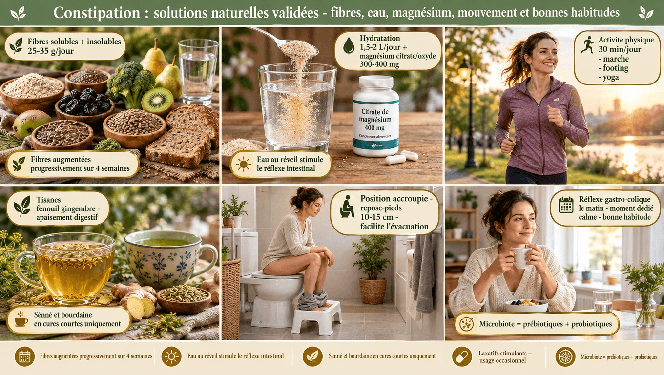 « Constipation : solutions naturelles validées — fibres 25-35 g/jour + 1,5-2 L eau + magnésium citrate 300-400 mg + 30 min marche/jour + repose-pieds 10-15 cm + tisanes fenouil-gingembre. Séné en cures courtes. »