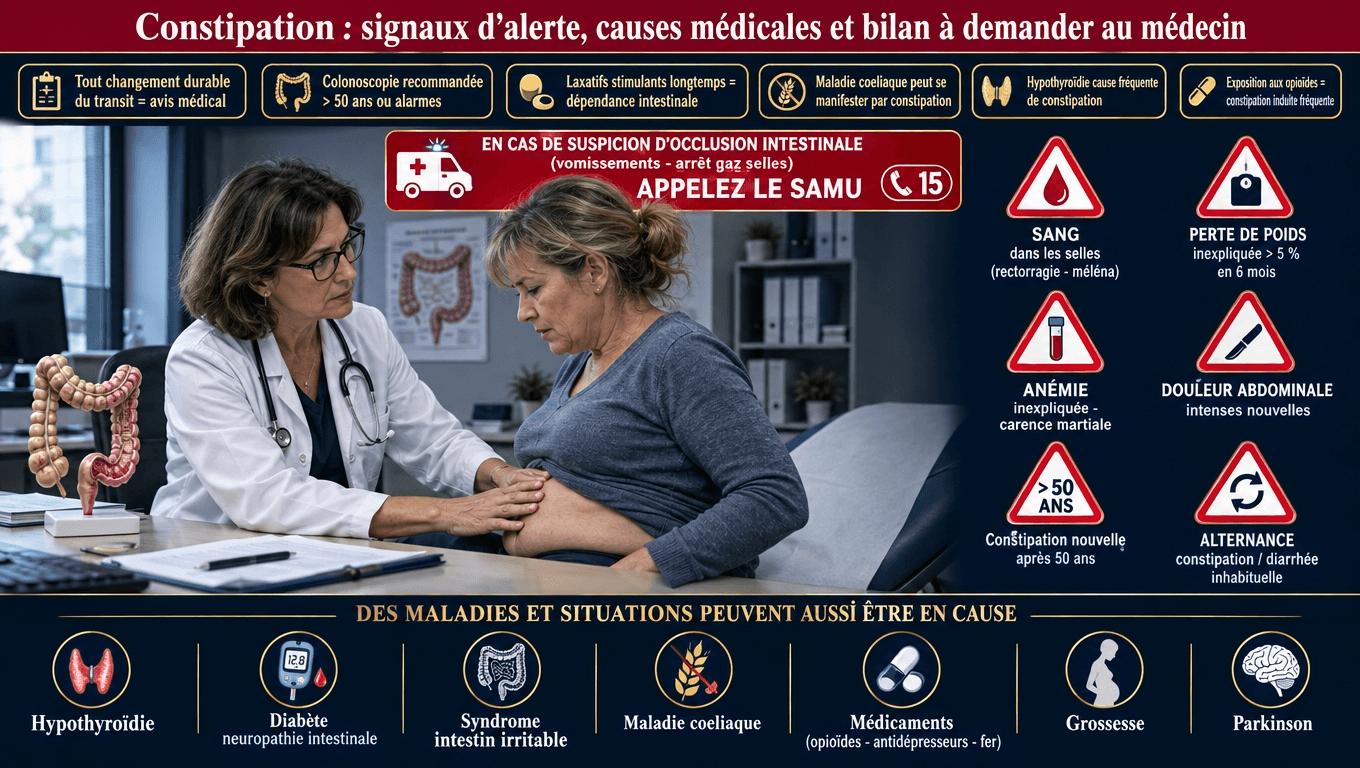 « Signaux d'alerte constipation : rectorragie, perte de poids, anémie, douleur abdominale, > 50 ans, alternance. Urgences : occlusion → SAMU 15. Causes : hypothyroïdie, diabète, SII, cœliaque, opioïdes, Parkinson. Dépistage ≥ 50 ans = test fécal. »
