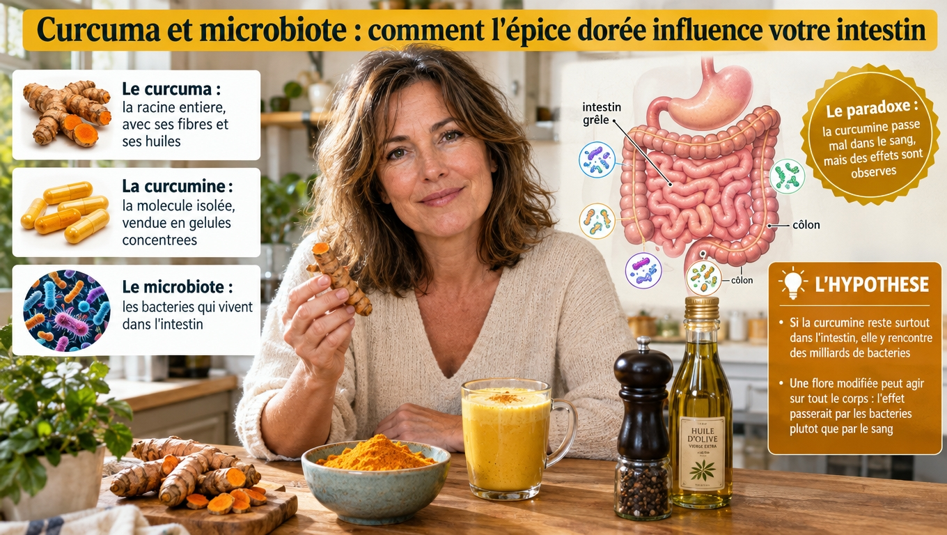 Curcuma (épice entière) vs curcumine (molécule isolée) ; mal absorbée, la curcumine agirait d'abord dans l'intestin en modifiant le microbiote — une hypothèse prometteuse.