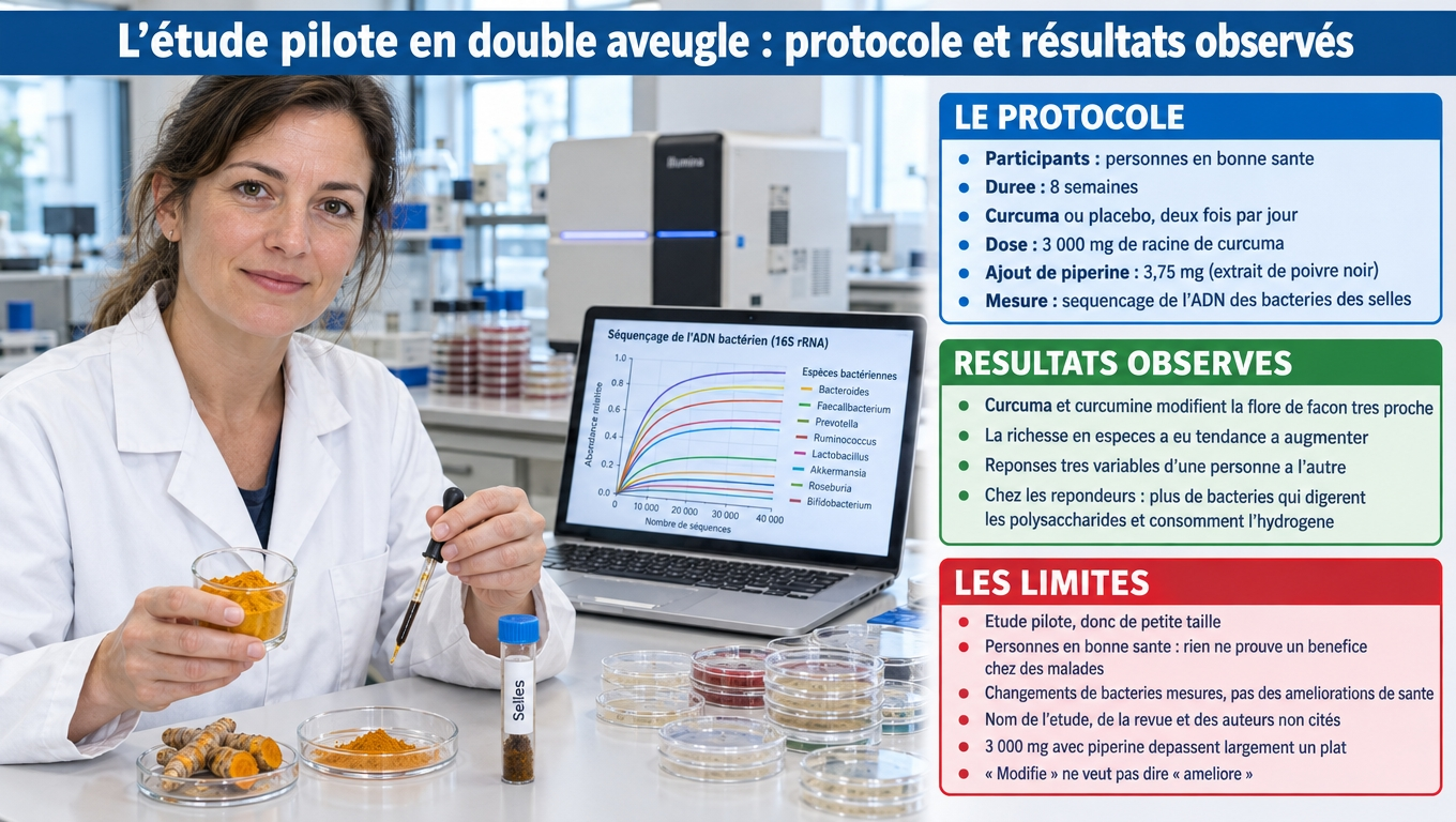 Essai pilote en double aveugle : 8 semaines, 3 000 mg de racine + 3,75 mg de pipérine, séquençage fécal — richesse en espèces augmentée et réponses variables, mais aucune preuve d'amélioration de santé.