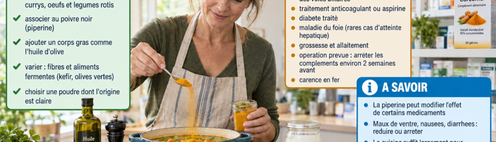 Femme d'environ 52 ans cuisinant dans une cuisine lumineuse, saupoudrant de la poudre de curcuma dans une marmite de soupe, moulin à poivre et bouteille d'huile d'olive sur le comptoir, bocal de kéfir et bol d'olives vertes à côté, rayon de pharmacie avec boîte de complément au curcuma en arrière-plan ; quatre panneaux colorés (vert au quotidien, ambre précautions, bleu à savoir, bandeau rouge).