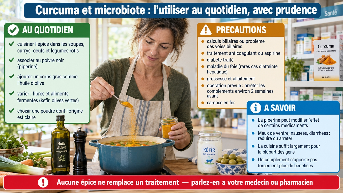 Cuisiner le curcuma avec poivre noir et huile, varier fibres et fermentés ; précautions (voies biliaires, anticoagulants, diabète, foie, grossesse, opération, carence en fer) et message clé : aucune épice ne remplace un traitement.