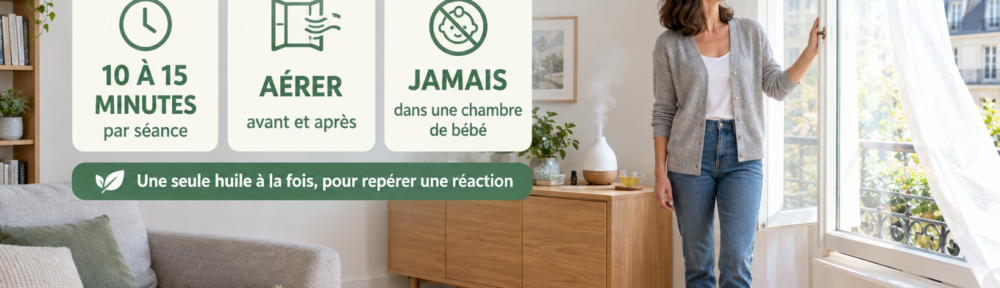 « Femme de 38 ans en gilet gris ouvrant la fenêtre d'un salon français lumineux où un diffuseur ultrasonique fonctionne sur un meuble, tout en regardant l'horloge murale ; tasse de tisane et livre à proximité, avec une infographie française sur les règles de diffusion : 10 à 15 minutes par séance, aérer avant et après, jamais dans une chambre de bébé. »
