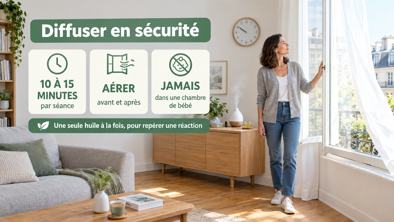 « Diffuser 10 à 15 minutes par séance, aérer avant et après, jamais dans une chambre de bébé ni la nuit en continu : les règles de sécurité de l'inhalation. »