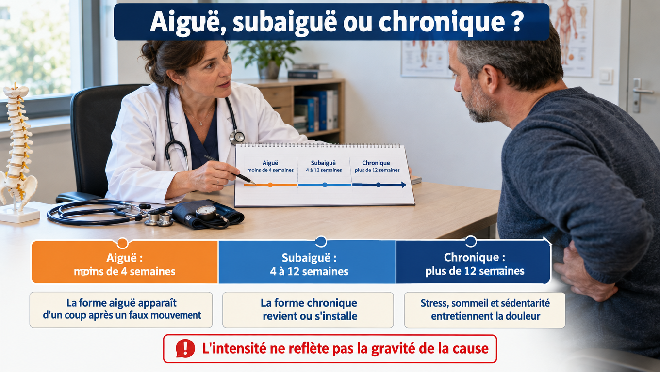 « Douleur de dos aiguë (< 4 semaines), subaiguë (4 à 12) ou chronique (> 12) : ce que change la durée dans la prise en charge. »