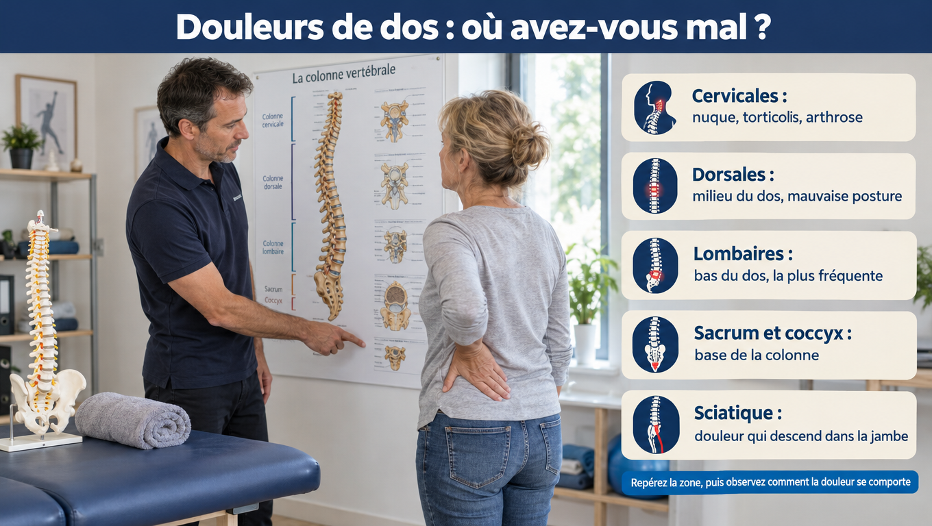 « Cervicales, dorsales, lombaires, sacrum-coccyx, sciatique : repérer la zone pour comprendre l'origine de sa douleur de dos. »
