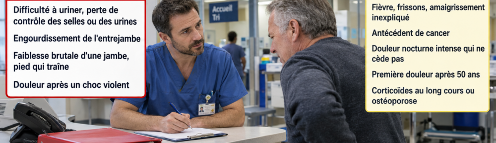 « Infirmier d'accueil aux urgences enregistrant les symptômes d'un homme de 60 ans qui se tient le dos, dans un service hospitalier français ; deux panneaux en français listant les drapeaux rouges imposant d'appeler le 15 et ceux justifiant un rendez-vous rapide. »