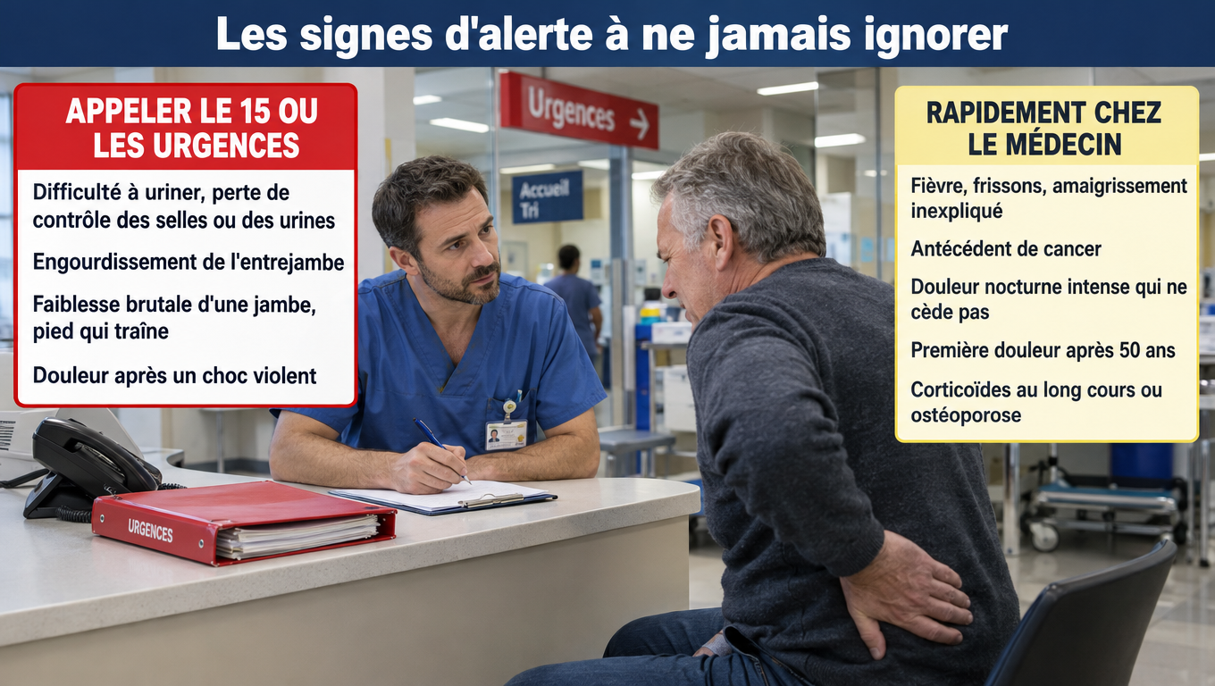 « Troubles urinaires, engourdissement de l'entrejambe, jambe faible : les drapeaux rouges qui imposent d'appeler le 15 en cas de douleur de dos. »