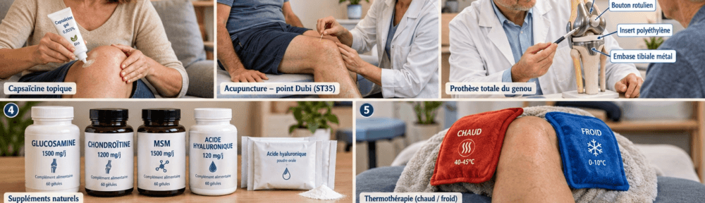 Photographies documentaires éditoriales : une femme de 50 ans appliquant un gel de capsaïcine bio sur le genou gauche ; une séance d'acupuncture (Dubi ST35, point latéral de l'œil du genou) chez un patient de 55 ans avec un praticien de 45 ans en blouse blanche ; une consultation orthopédique moderne où un chirurgien présente une prothèse totale du genou (composant fémoral cobalt-chrome, embase tibiale titane, insert polyéthylène, bouton rotulien) ; composition de compléments (glucosamine 1500 mg/j, chondroïtine 1200 mg/j, MSM 1500 mg/j, acide hyaluronique 120 mg/j) ; photographie de thermothérapie chaude/froide.