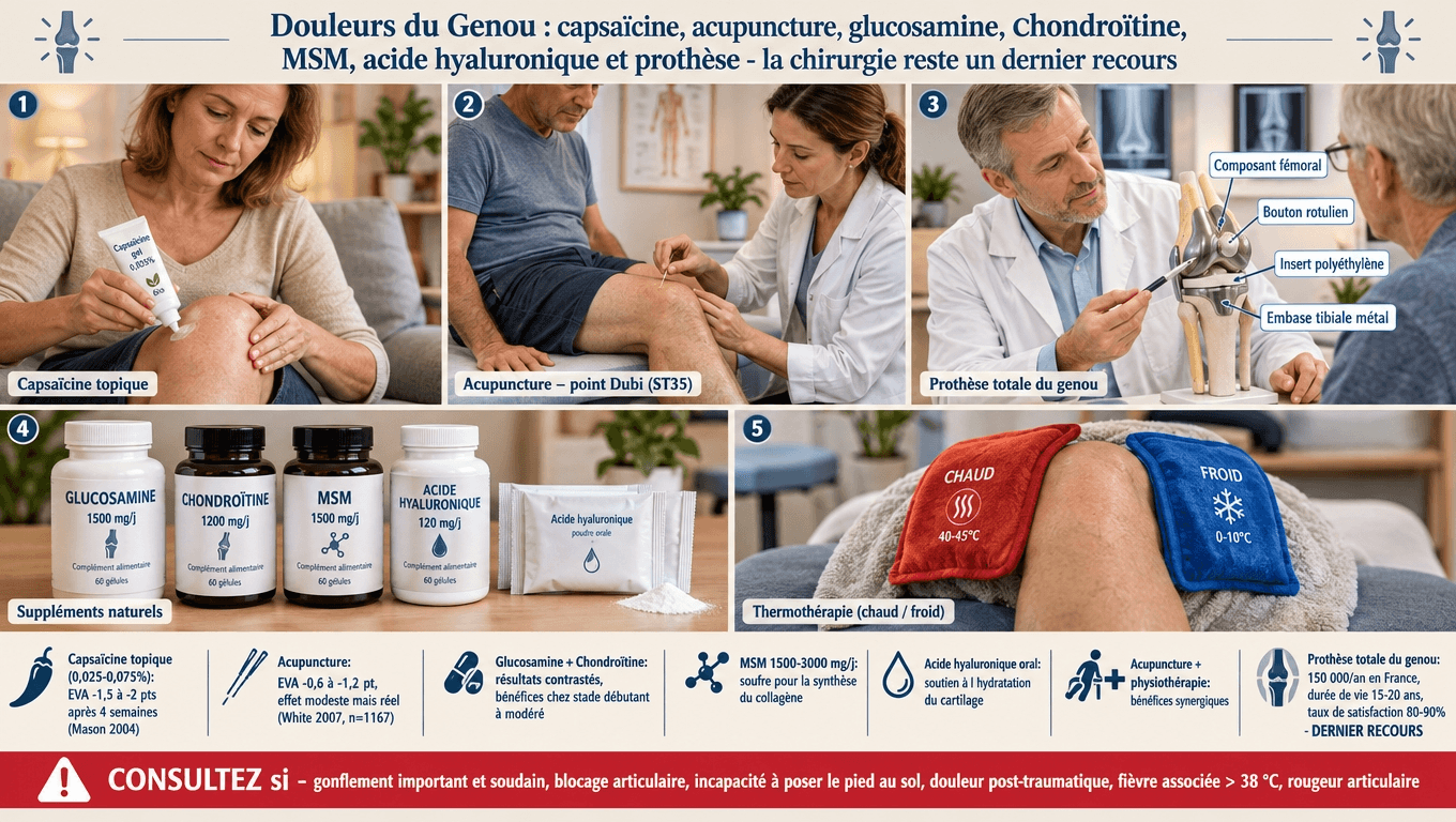 Capsaïcine topique (EVA −1,5–2), acupuncture (Vickers 2012 : −0,55 pt), glucosamine + chondroïtine + MSM + AH, prothèse 150 000/an France (15–20 ans) — chirurgie = dernier recours.