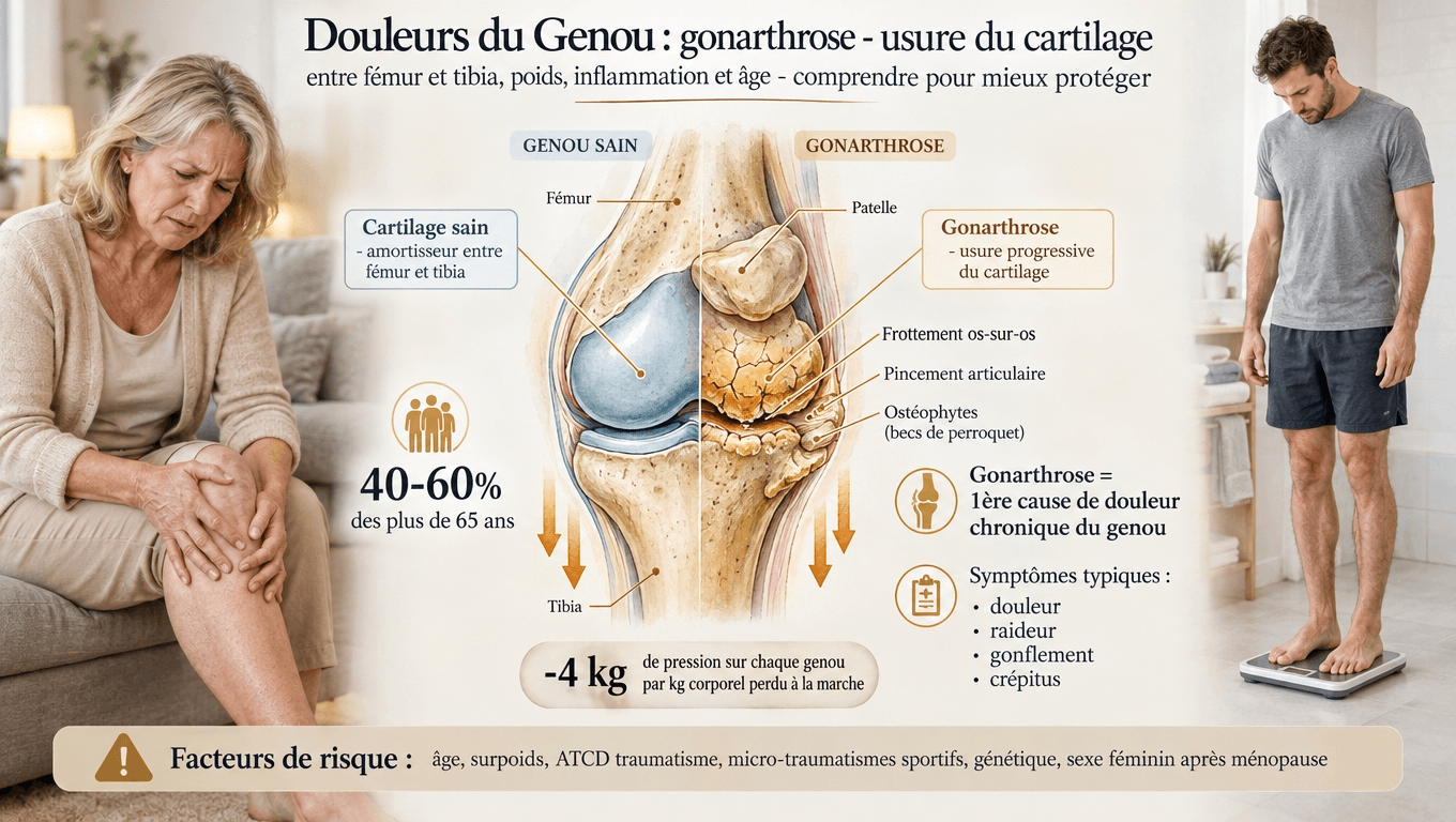 40–60 % des > 65 ans ; cartilage usé entre fémur et tibia ; chaque kilo soulage 4 kg de pression par genou à chaque pas ; mieux vaut perdre ne serait-ce que 5 %.